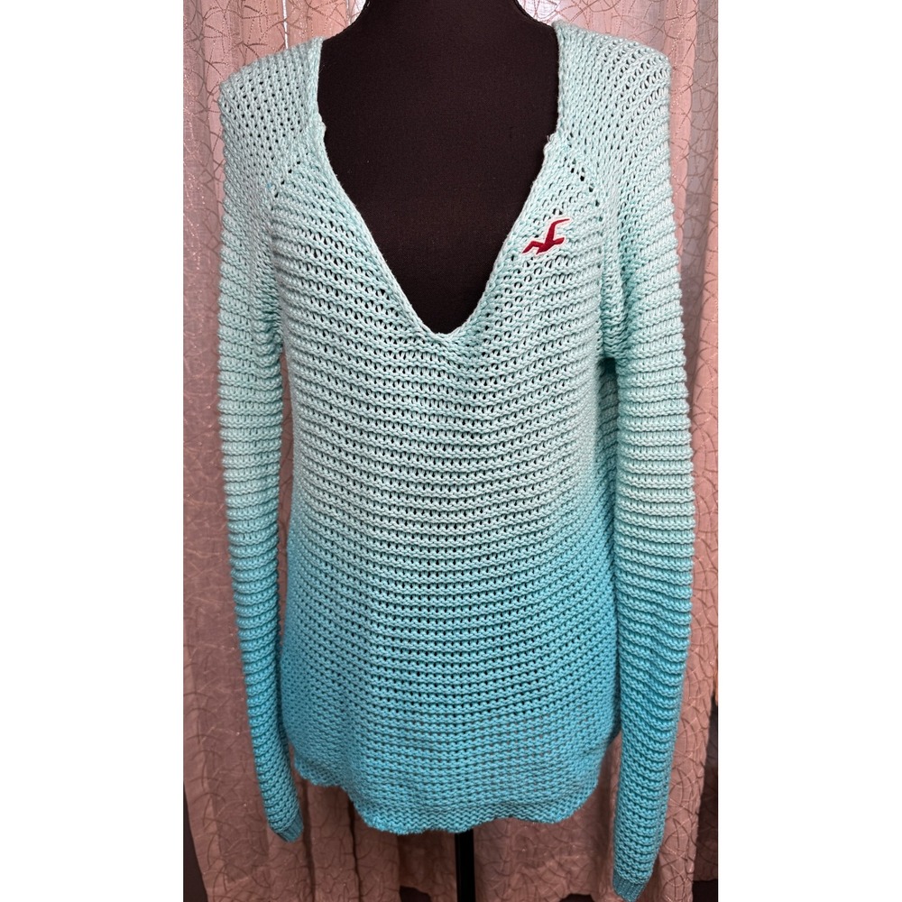 Hollister Women's Open Knit Ombre Deep V-Neck Sweater Blue Size Medium